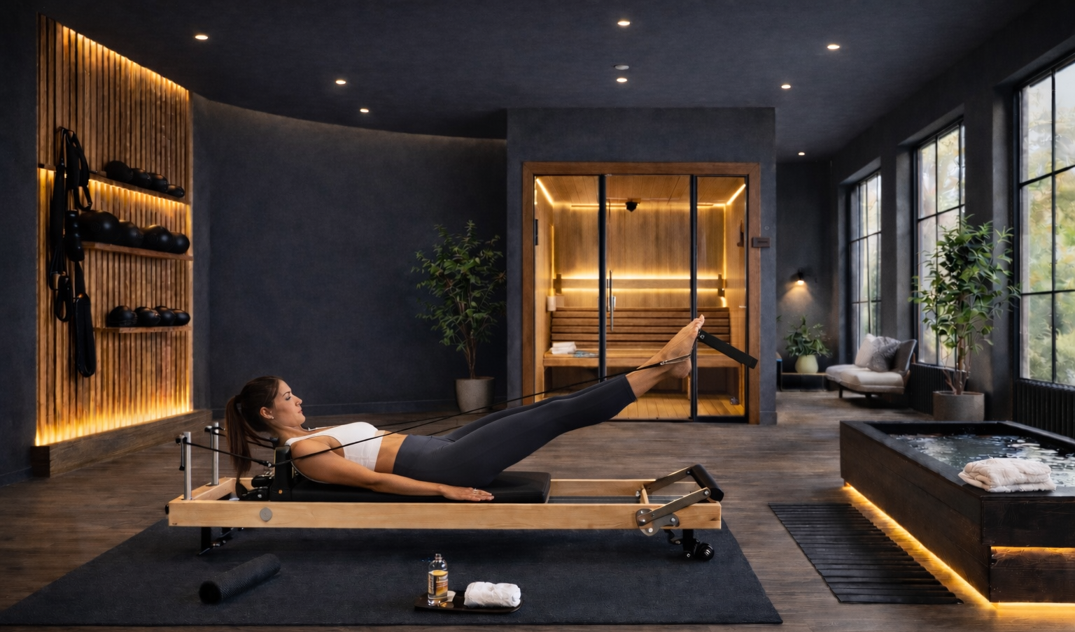 Woman exercising on a Pilates reformer in a modern, dimly lit room with wellness equipment.