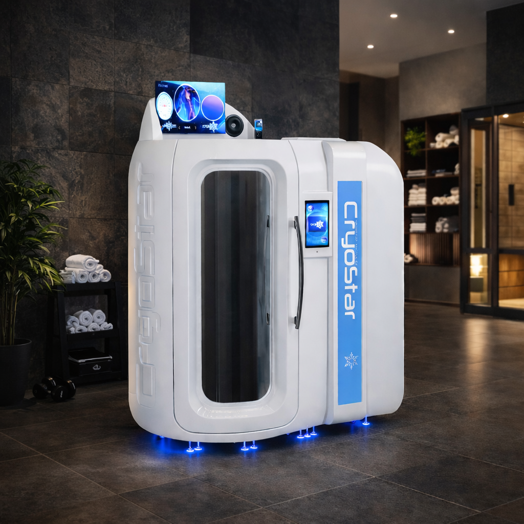 Cryosauna cryotherapy chamber with digital display in a modern indoor setting