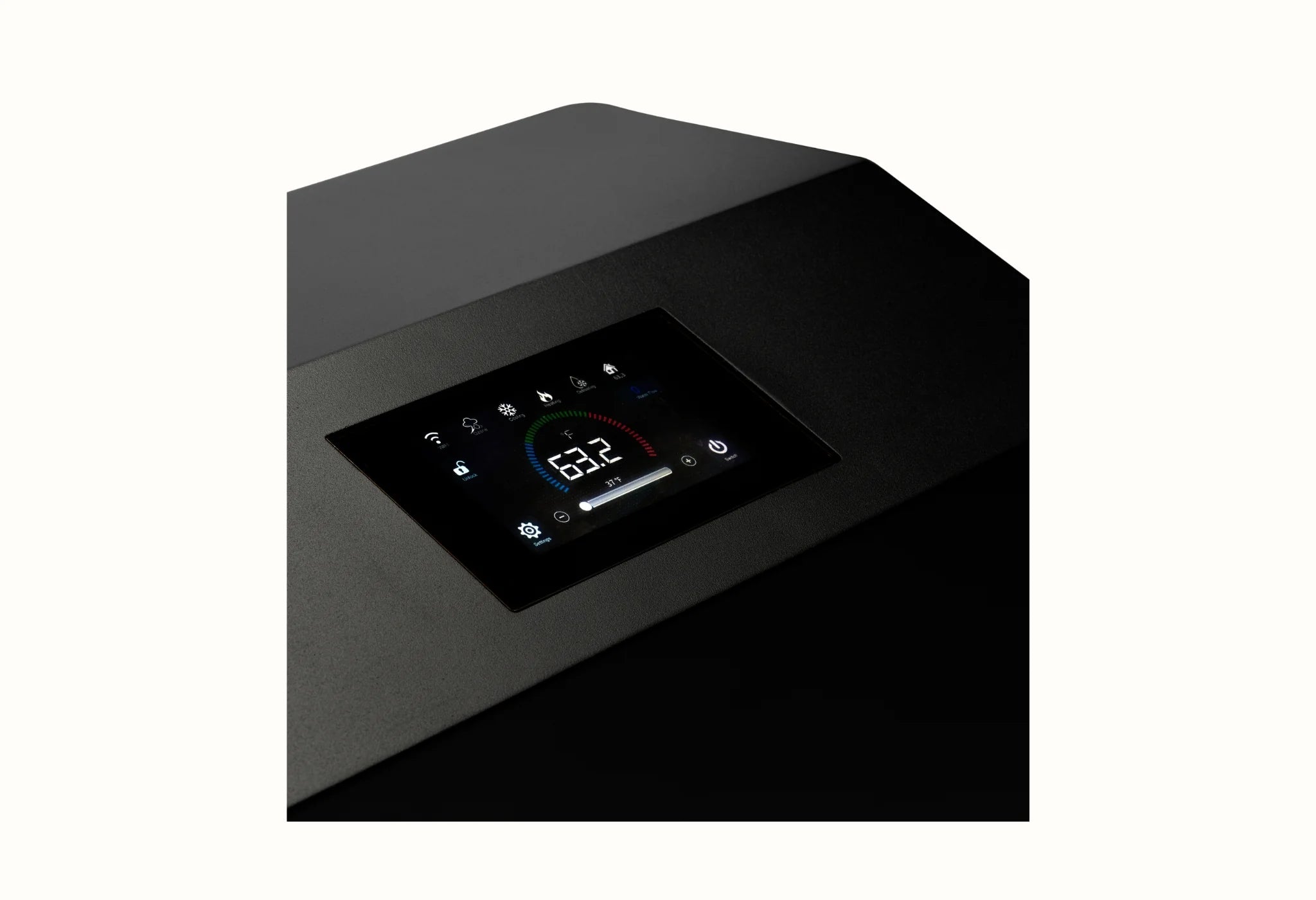 Black electronic device with digital display on a white background