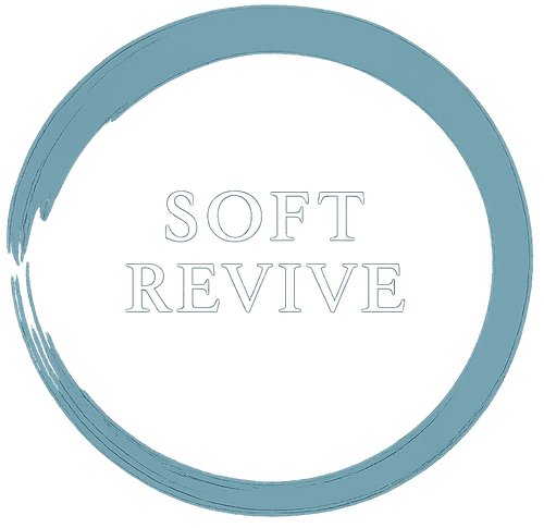 Circular design with 'SOFT REVIVE' text in the center on a white background