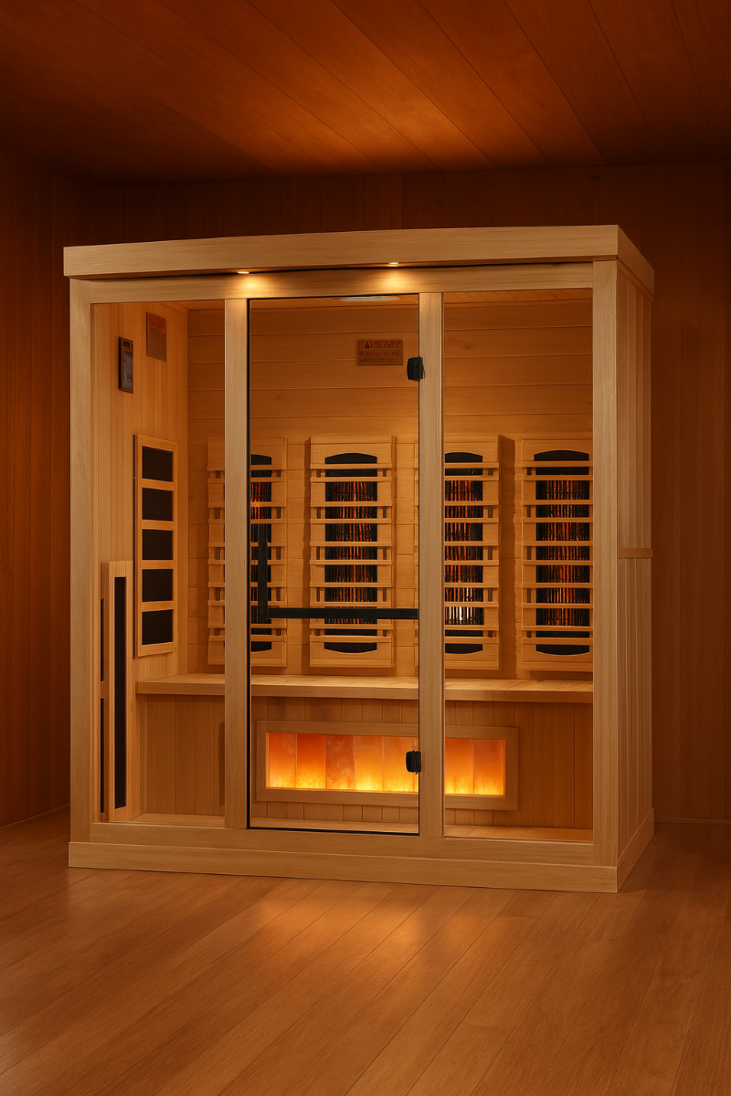 Golden Designs “Reserve Edition” 4-Person Full Spectrum Infrared Sauna with Himalayan Salt Bar Full View 2