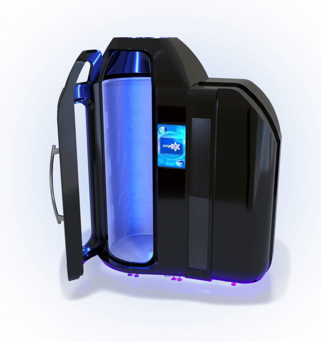 Black water filter with blue light on a white background