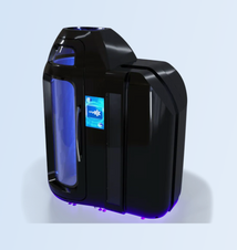 Black electronic device with a blue light on a light gray background