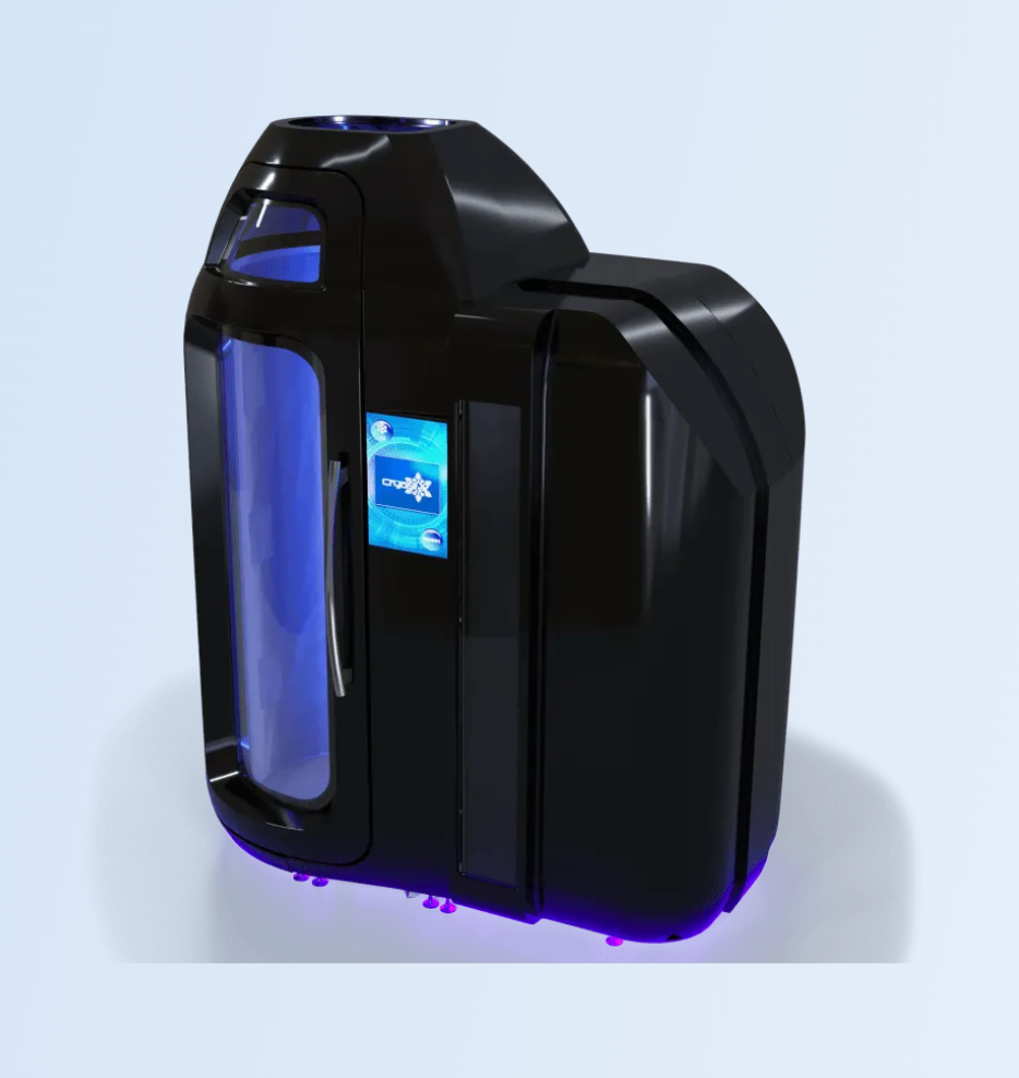 Black electronic device with a blue light on a light gray background