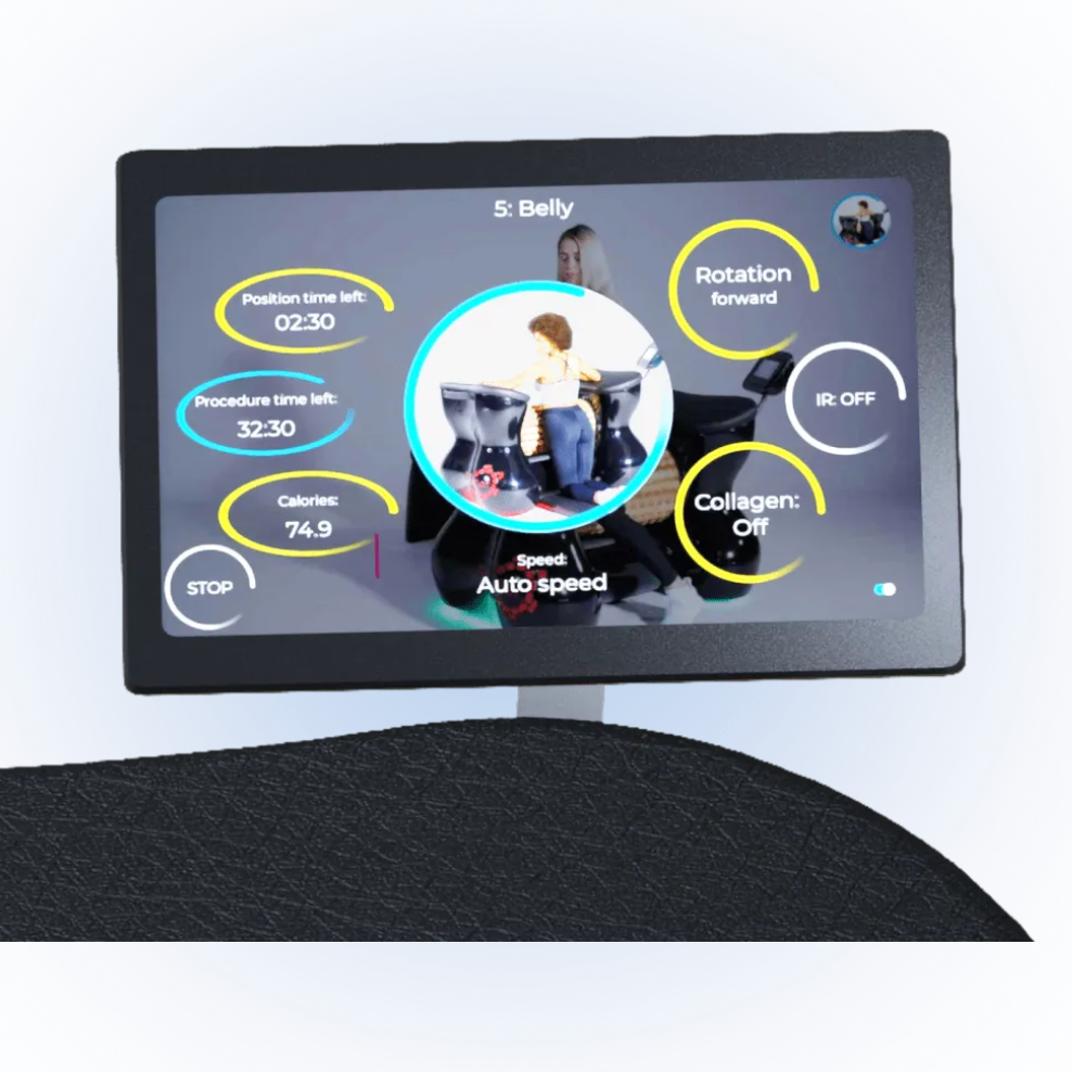 Digital display screen on a medical device with user interface elements.