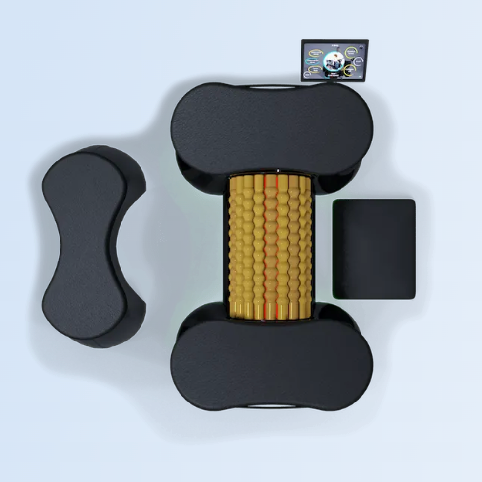 Black exercise device with a textured core on a light gray background