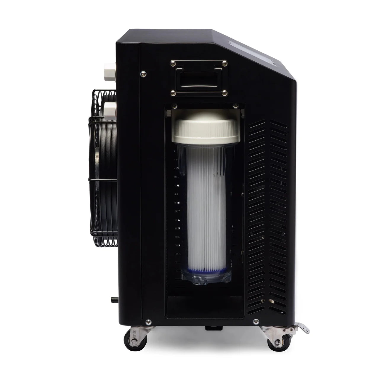 Black air conditioning unit with a filter on a white background