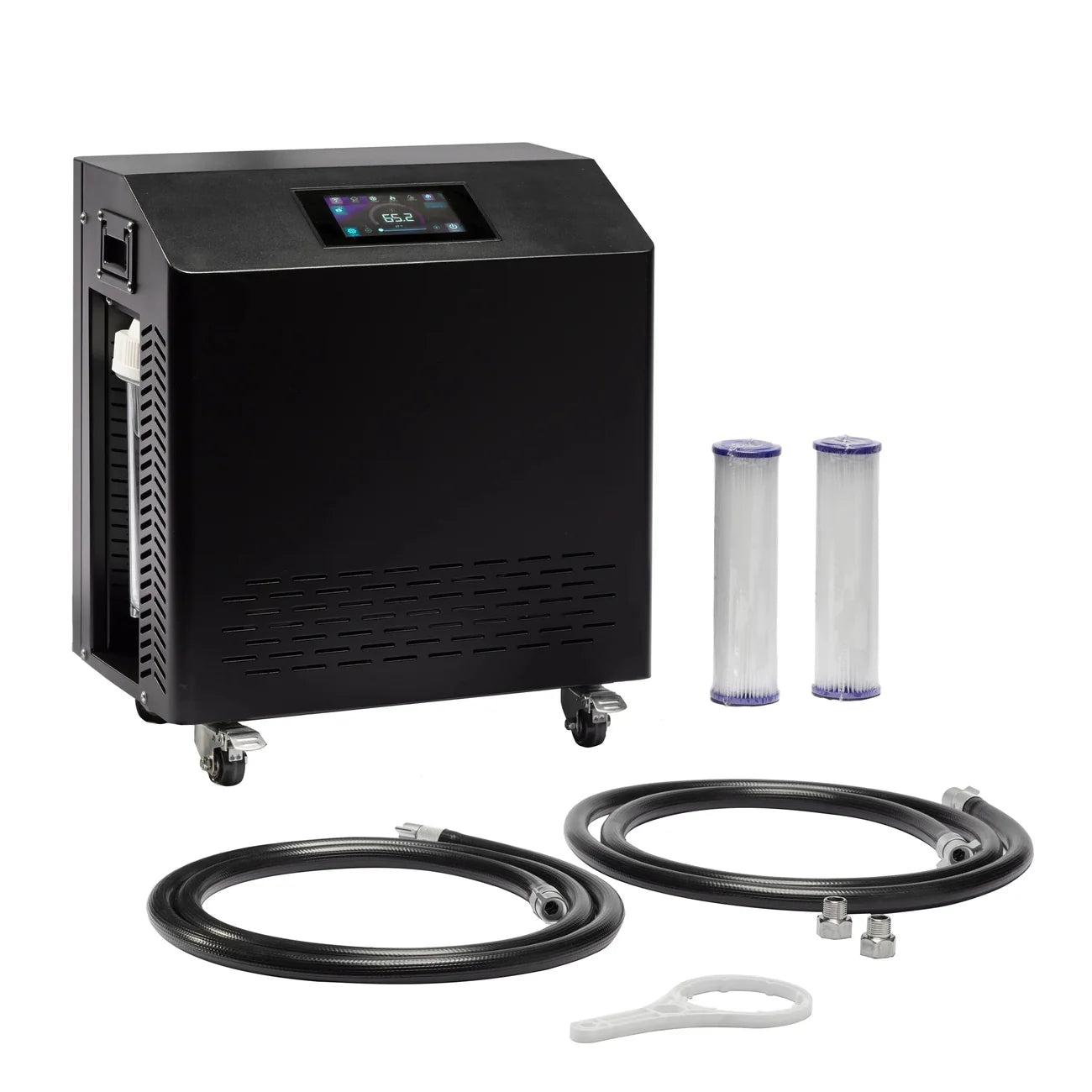 Black water filtration system with two filters and hoses on a white background