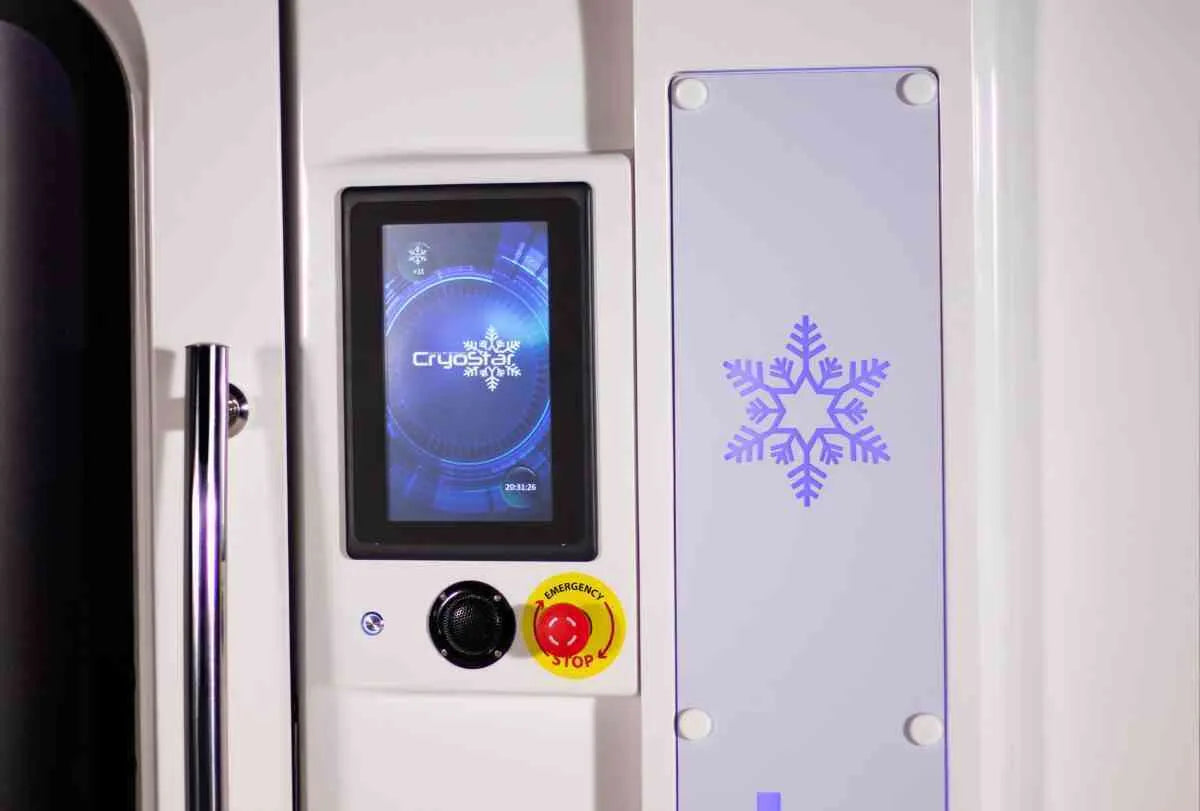 Control panel of a cryotherapy chamber with digital display and buttons.